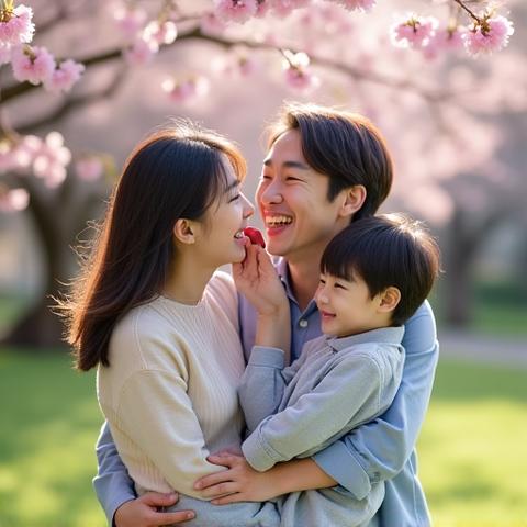 桜の木の下で遊ぶ家族写真