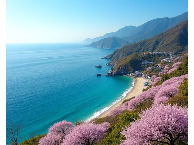 桜が満開の海岸線のドローン空撮