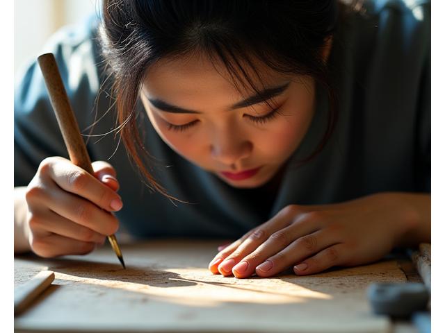 アトリエで集中するアーティストのポートレート