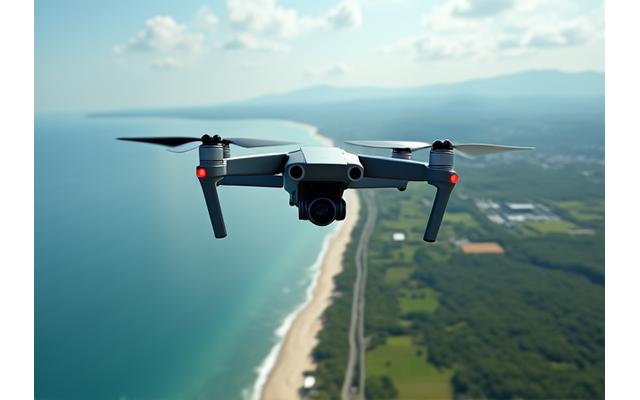 海岸線と都市のランドマークを空撮するドローン